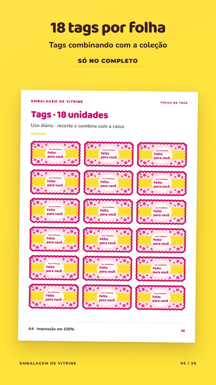 Página do PDF com 18 tags combinando por folha, só no Completo