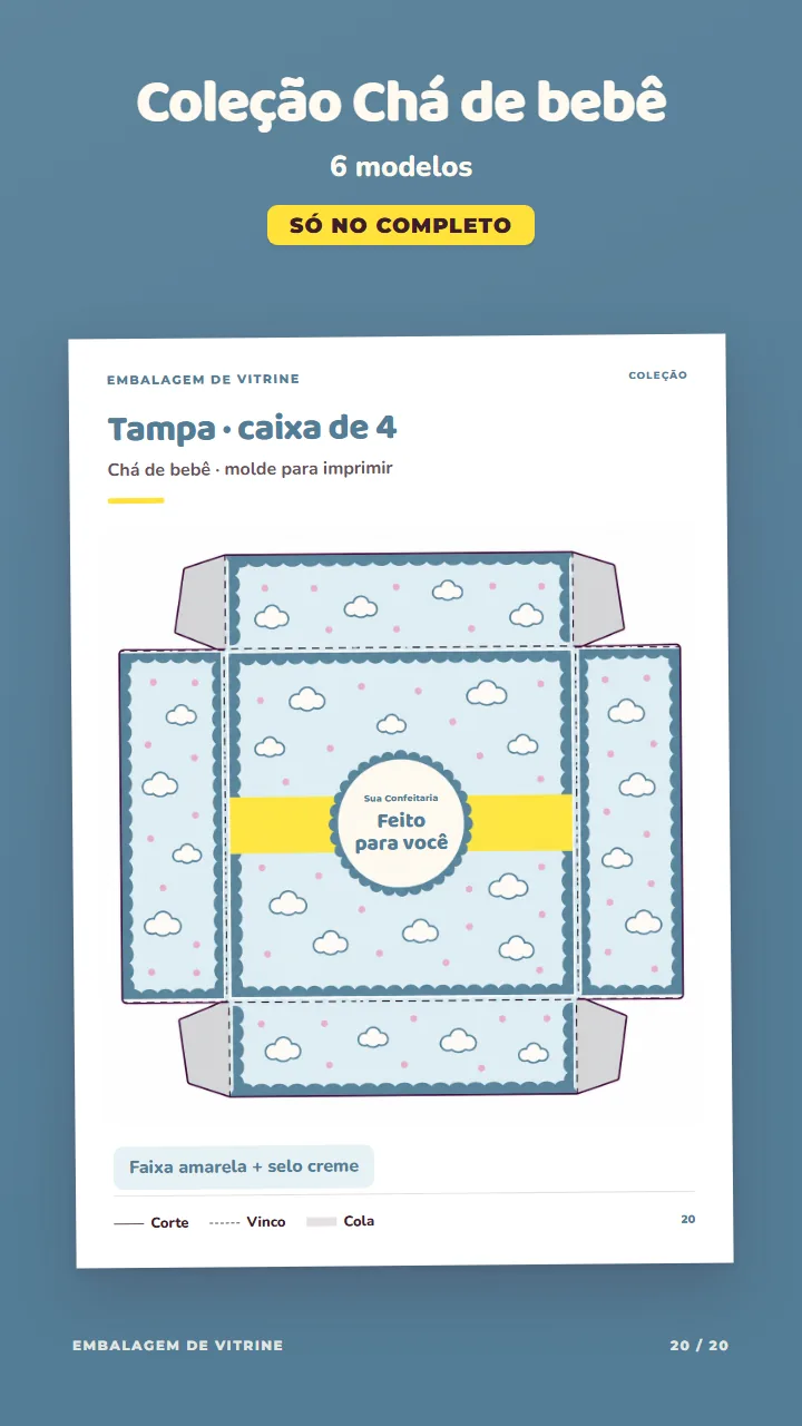 Página do PDF com o molde da tampa na coleção Chá de bebê